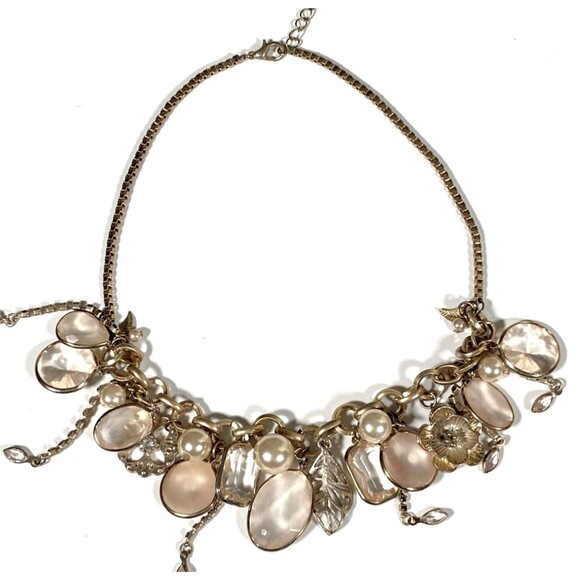 Antiqued Loaded Charm Necklace Gold Tone Box Chain Flower Dangle Leaves Collar - Picture 2 of 8